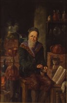 Alchemist seated in his laboratory